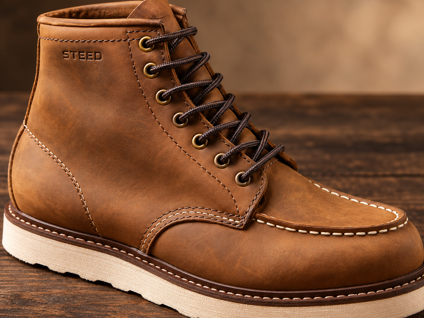 Chi tiết đường may thân giày, khoen kim loại và dây buộc trên boots STEED màu nâu